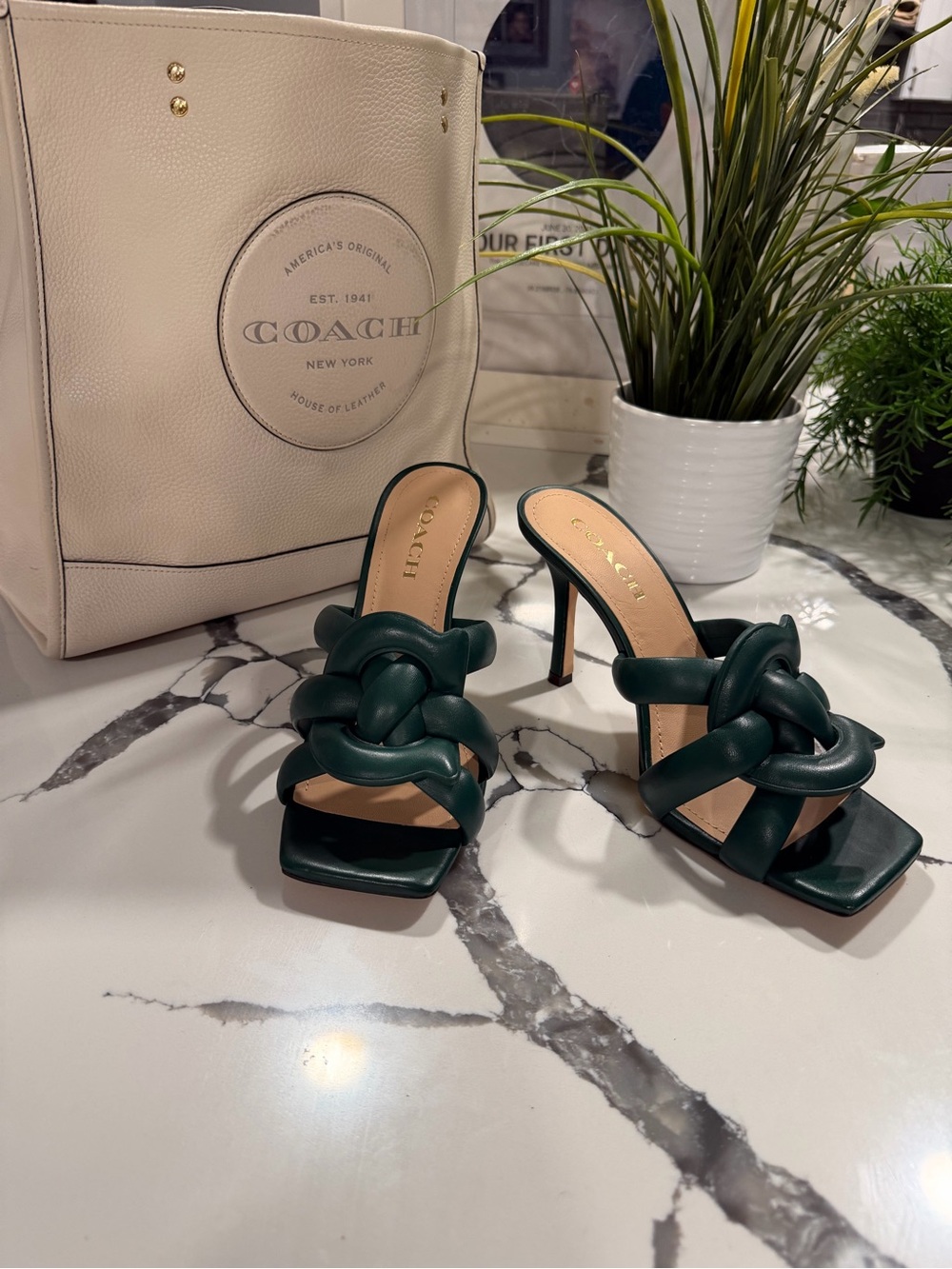 Coach Dark Green Braided Leather High Heel Mules
